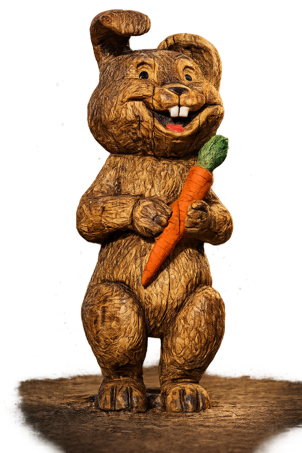 Chainsaw carved wooden rabbit sculpture holding carrot